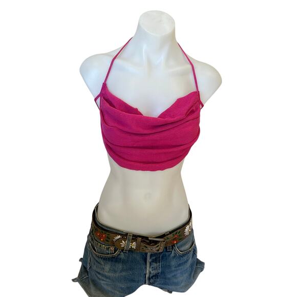 Lovers + Friends Pink Halter Top XS Crochet Festival Crop Cowl Revolve $118 NEW - Picture 4 of 7